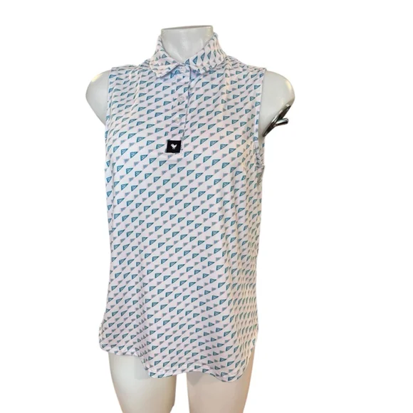Women's Bad Birdie White Teal Golf Print Sleeveless Polo Top L - Picture 1 of 4